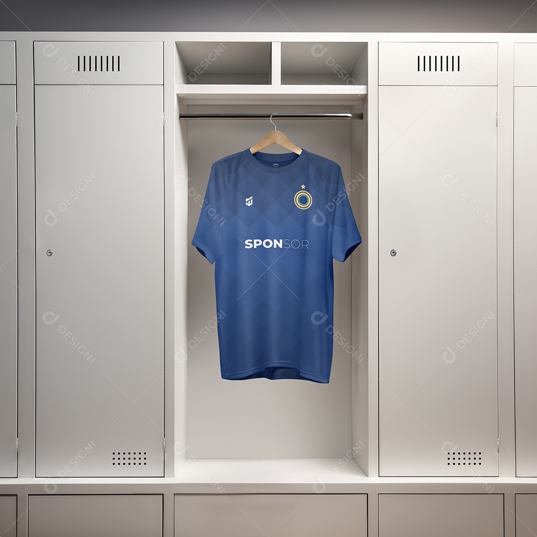 Camiseta de Futebol no Cabide Em Gola Redonda PSD Editável Mockup