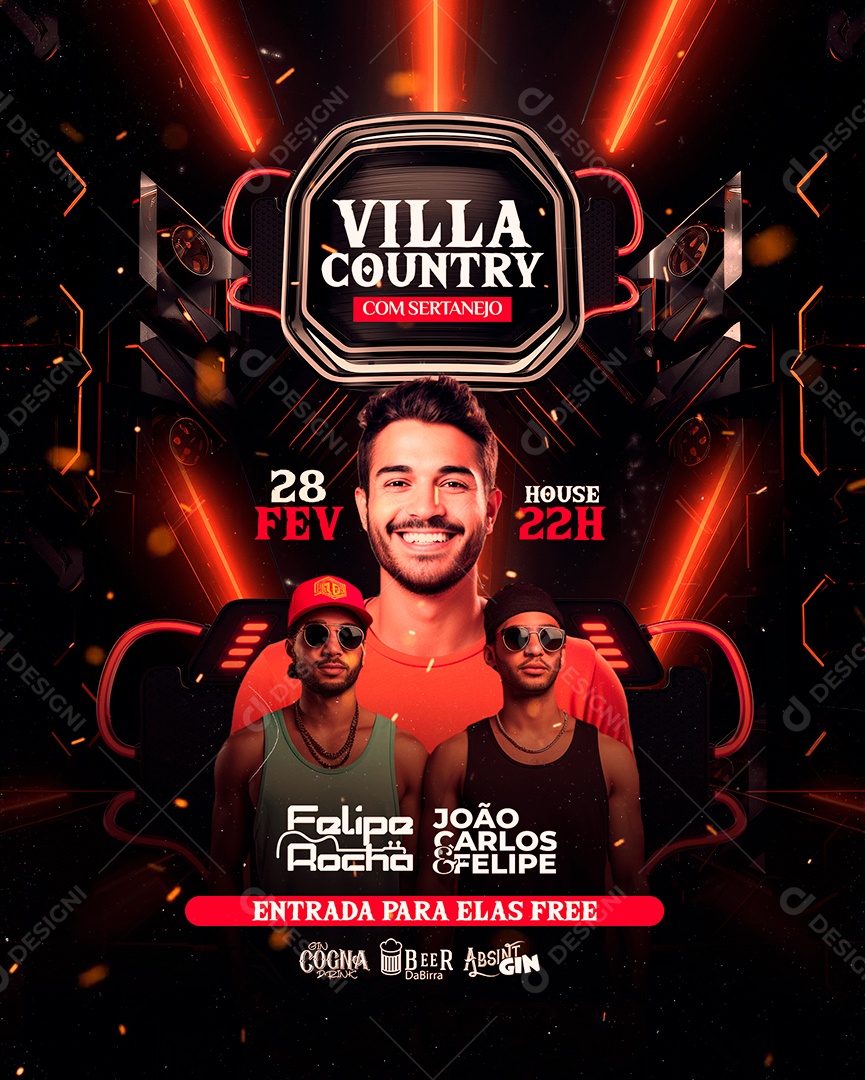 Flyer Villa Country com Sertanejo Felipe Rocha João Carlos e Felipe Social Media PSD Editável