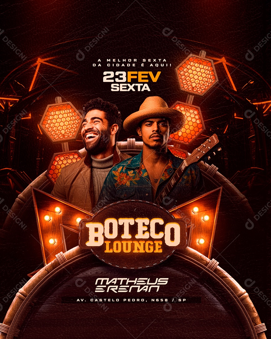 Flyer Boteco Lounge Matheus e Renan Agenda Fevereiro Sexta Social Media PSD Editável