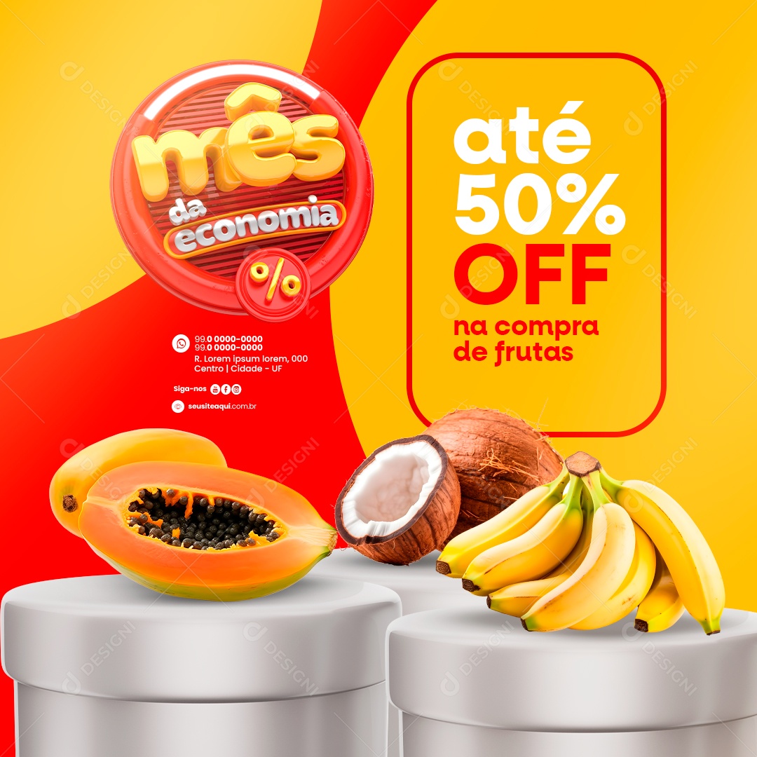 Mês da economia Supermercado Hortifruti até 50% Off Social Media PSD Editável