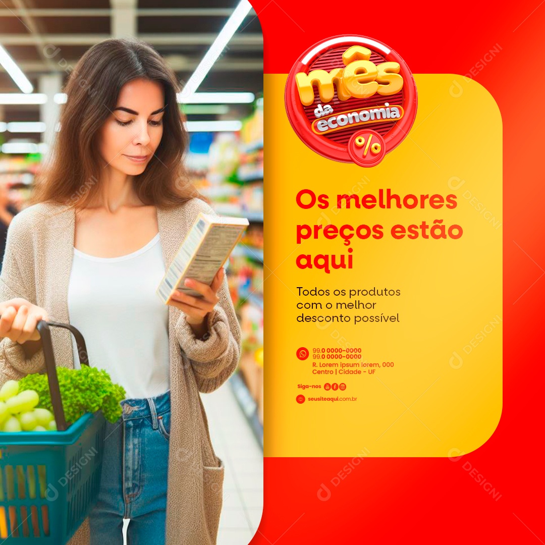 Mês da economia Supermercado Os melhores preços estão aqui Social Media PSD Editável
