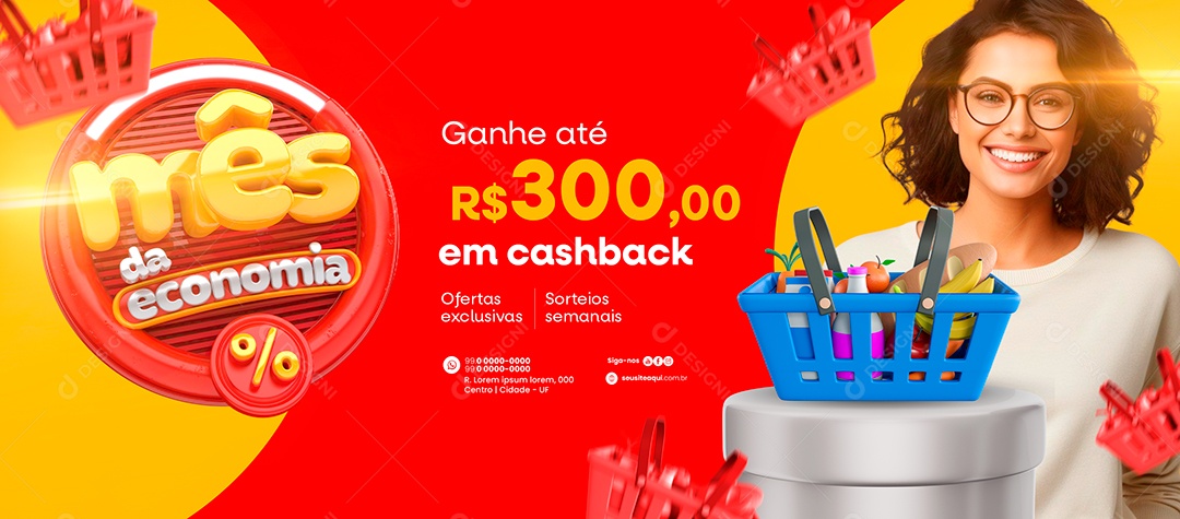 Banner Mês da economia Supermercado Ofertas exclusivas Sorteios semanais Social Media PSD Editável