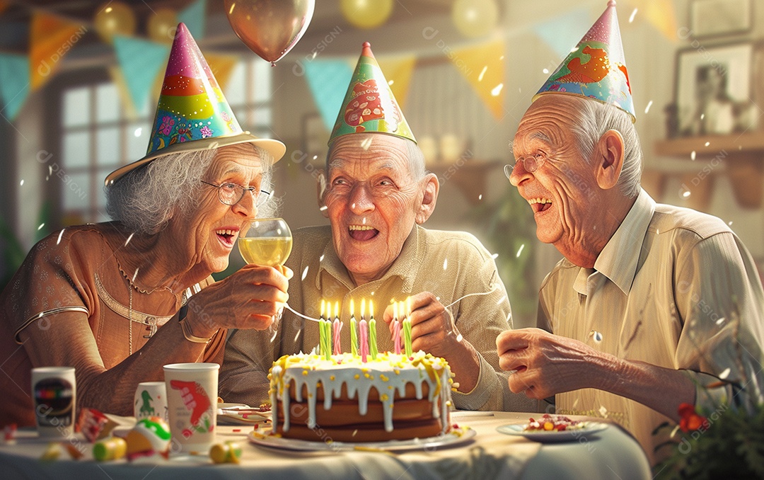 Idosos felizes juntos comemorando aniversário