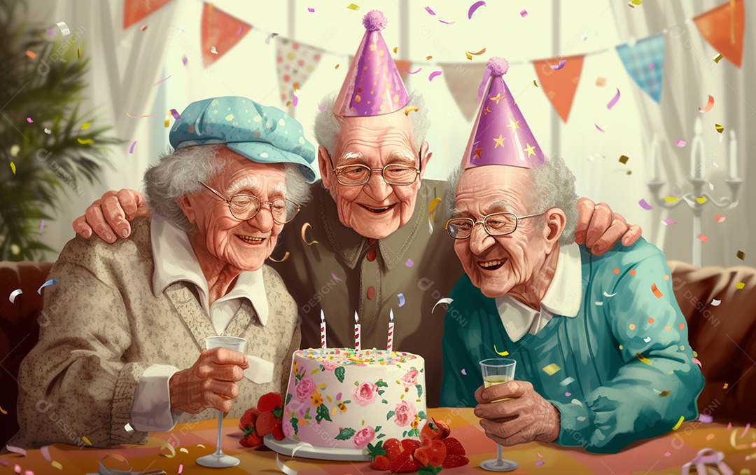Idosos felizes juntos comemorando aniversário