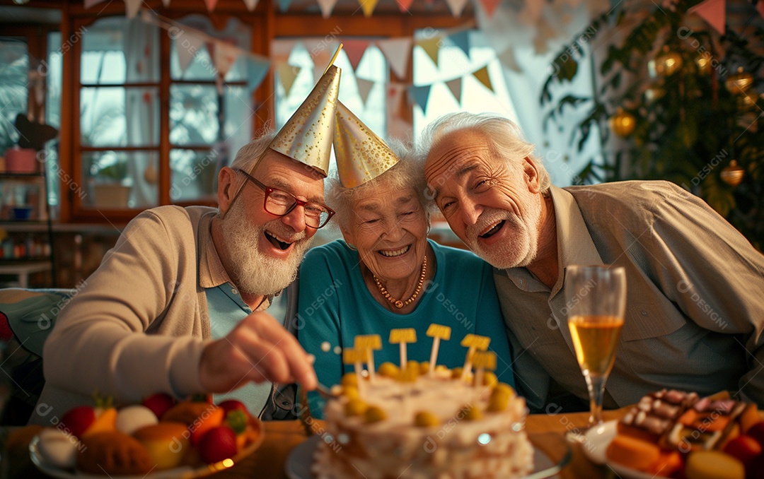 Idosos felizes juntos comemorando aniversário