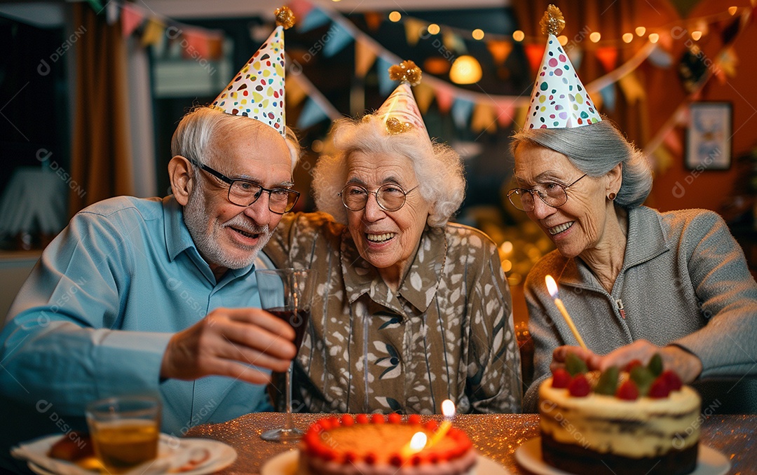 Idosos felizes juntos comemorando aniversário