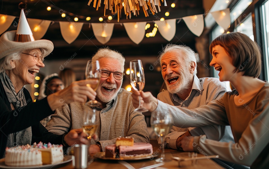 Idosos felizes juntos comemorando aniversário