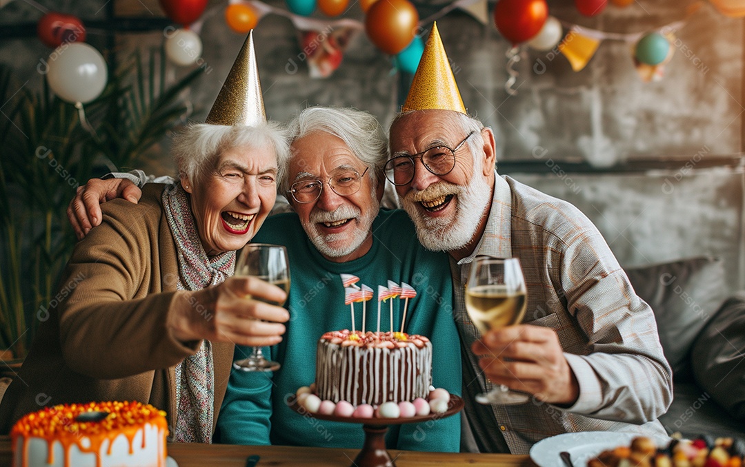Idosos felizes juntos comemorando aniversário