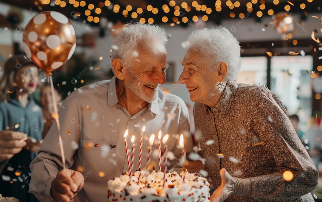 Idosos felizes juntos comemorando aniversário