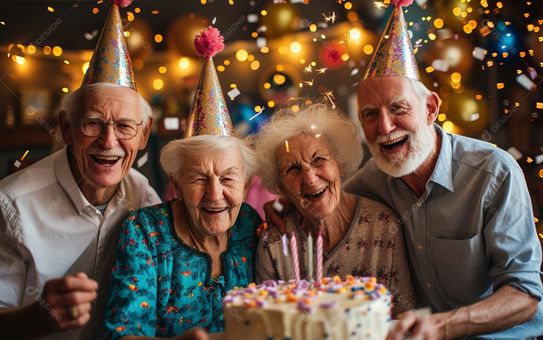 Idosos felizes juntos comemorando aniversário