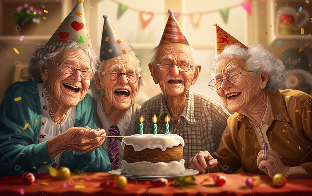Idosos felizes juntos comemorando aniversário