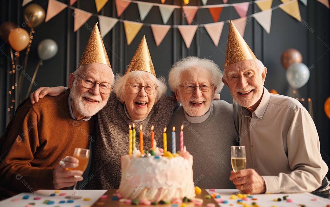 Idosos felizes juntos comemorando aniversário