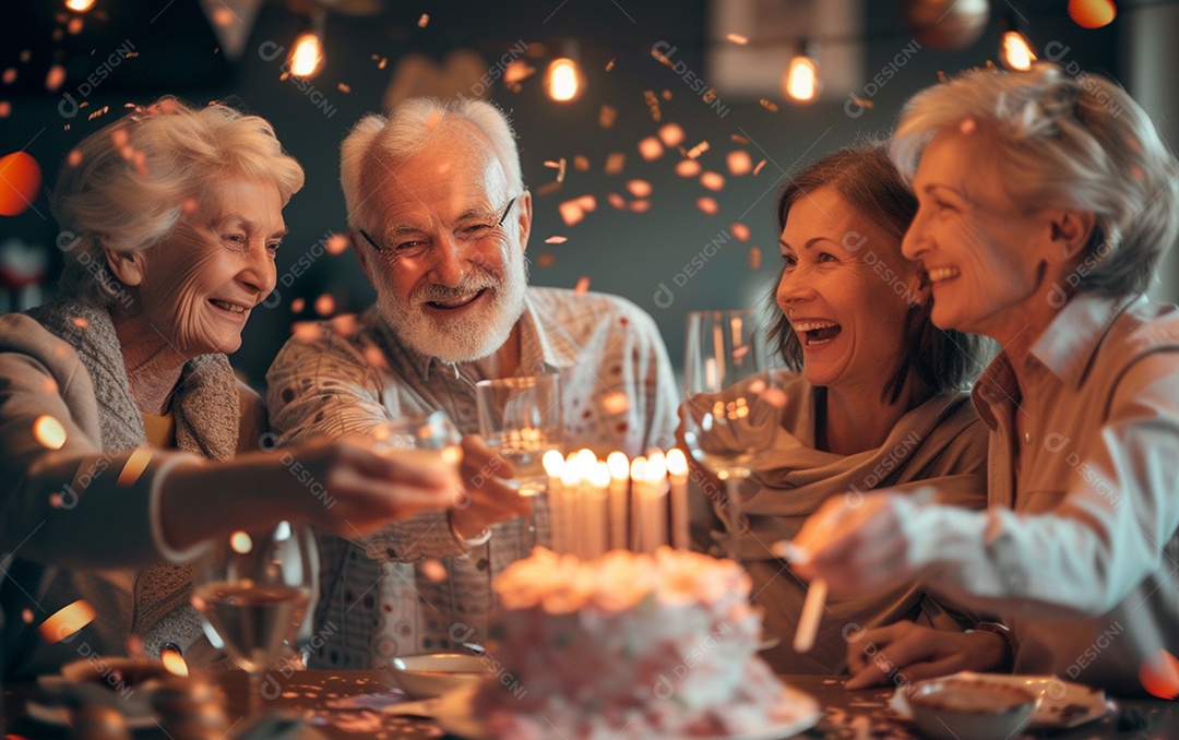 Idosos felizes juntos comemorando aniversário