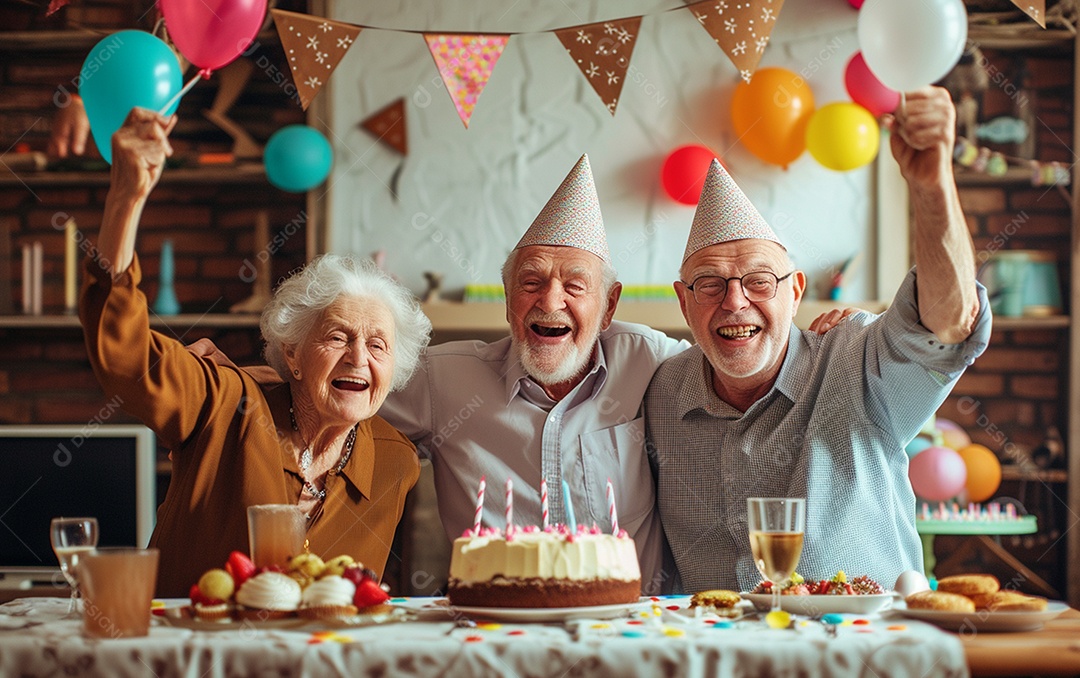 Idosos felizes juntos comemorando aniversário