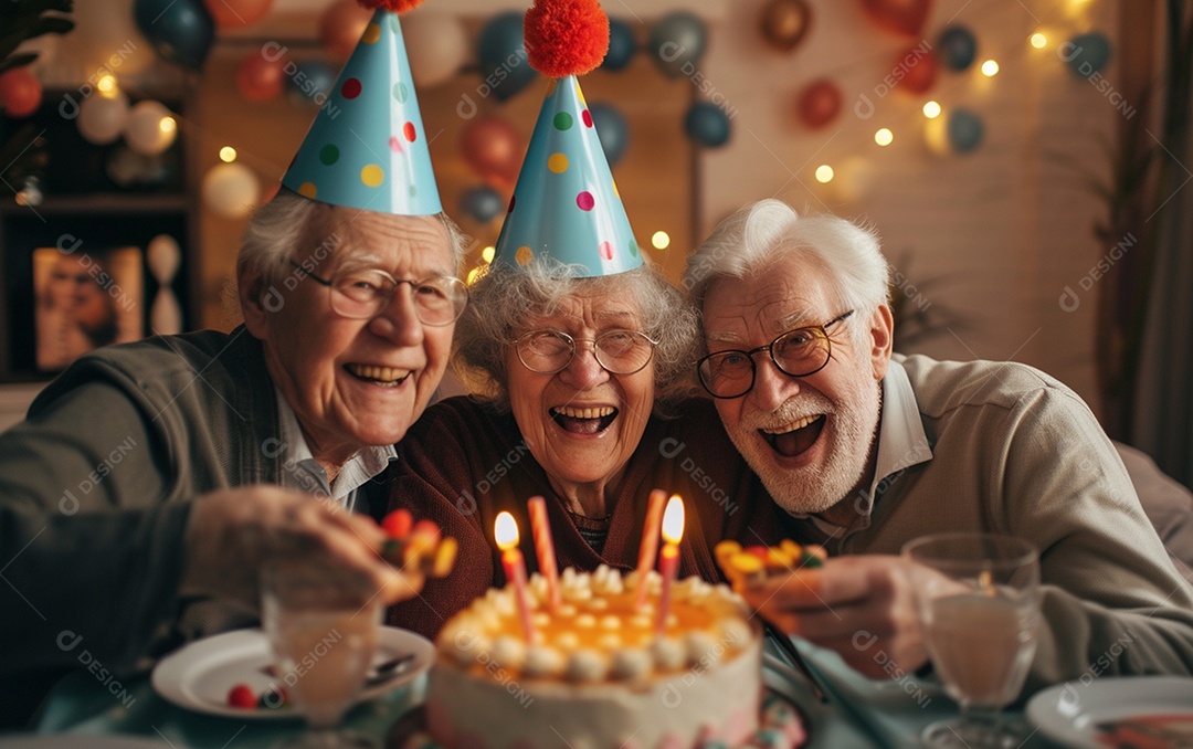 Idosos felizes juntos comemorando aniversário