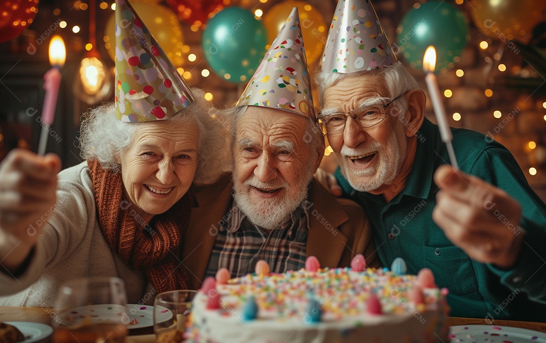 Idosos felizes juntos comemorando aniversário
