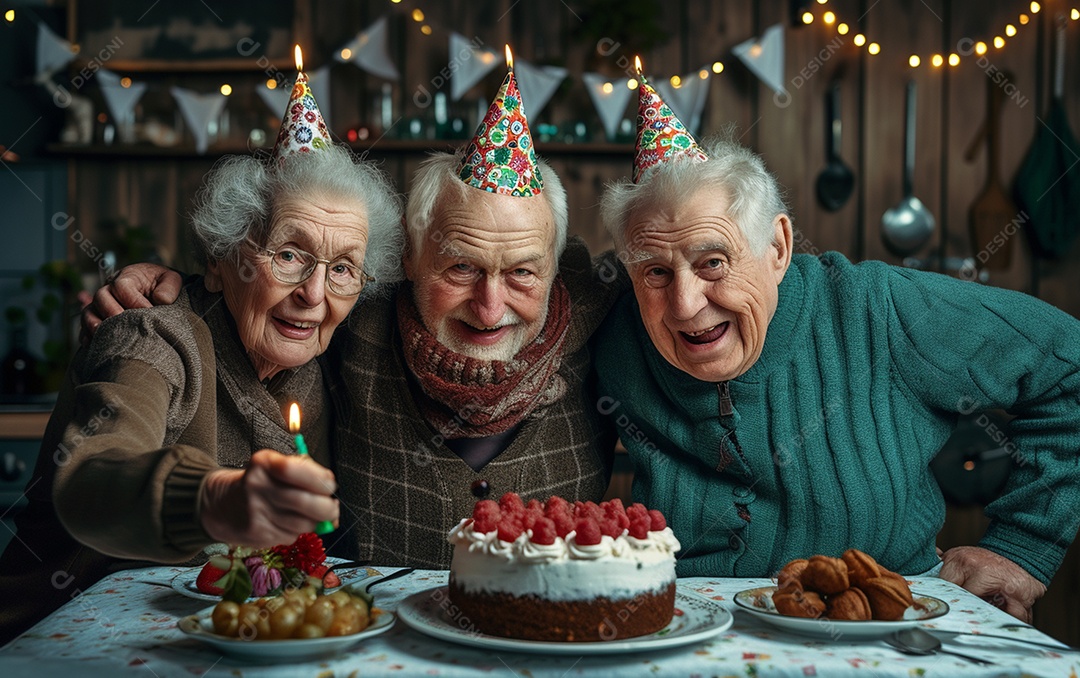 Idosos felizes juntos comemorando aniversário