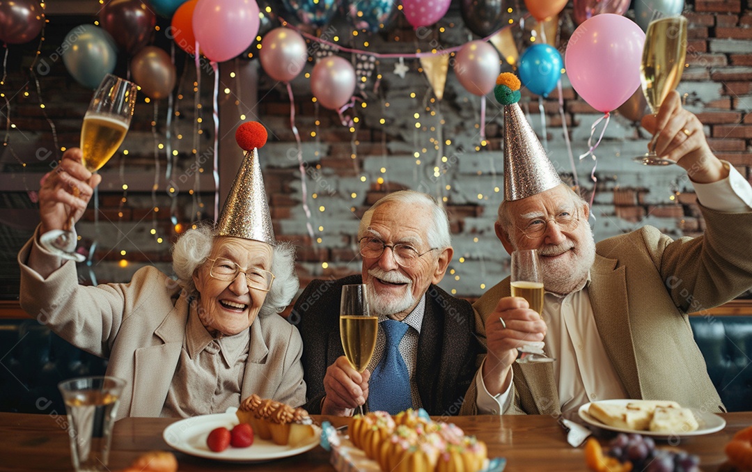 Idosos felizes juntos comemorando aniversário