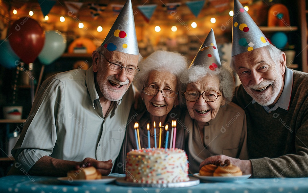 Idosos felizes juntos comemorando aniversário
