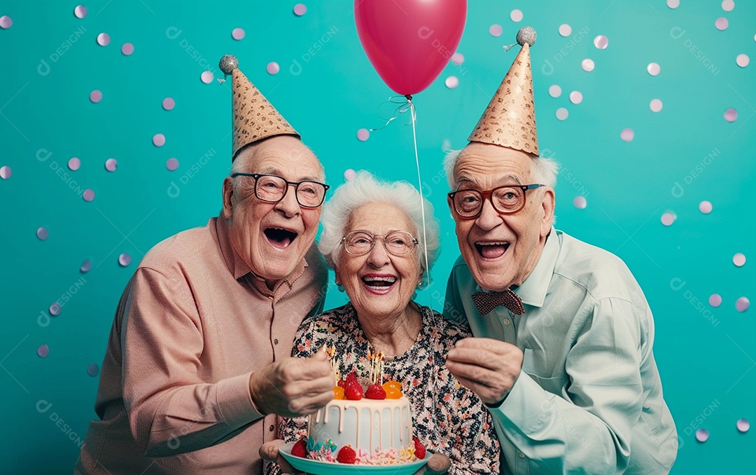 Idosos felizes juntos comemorando aniversário