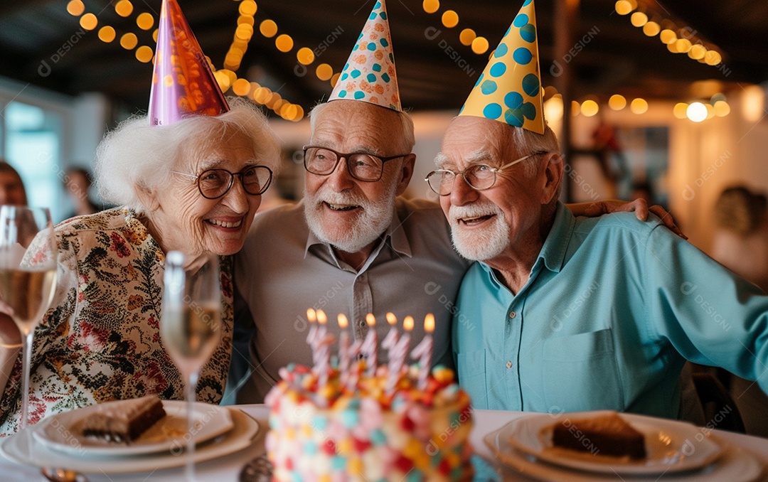 Idosos felizes juntos comemorando aniversário