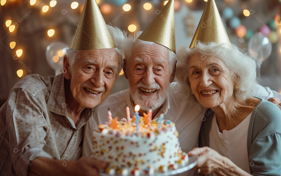 Idosos felizes juntos comemorando aniversário