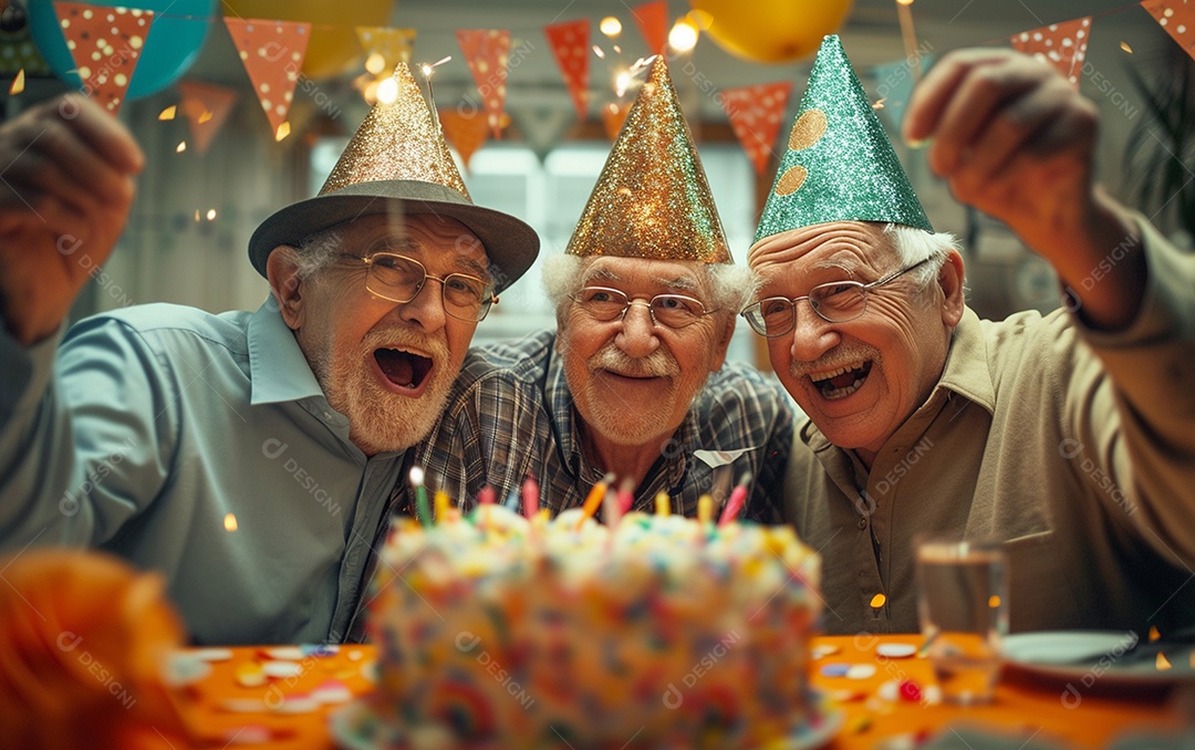 Idosos felizes juntos comemorando aniversário