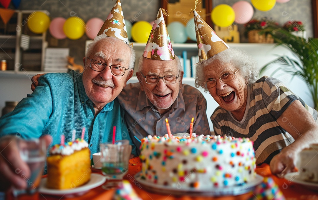 Idosos felizes juntos comemorando aniversário