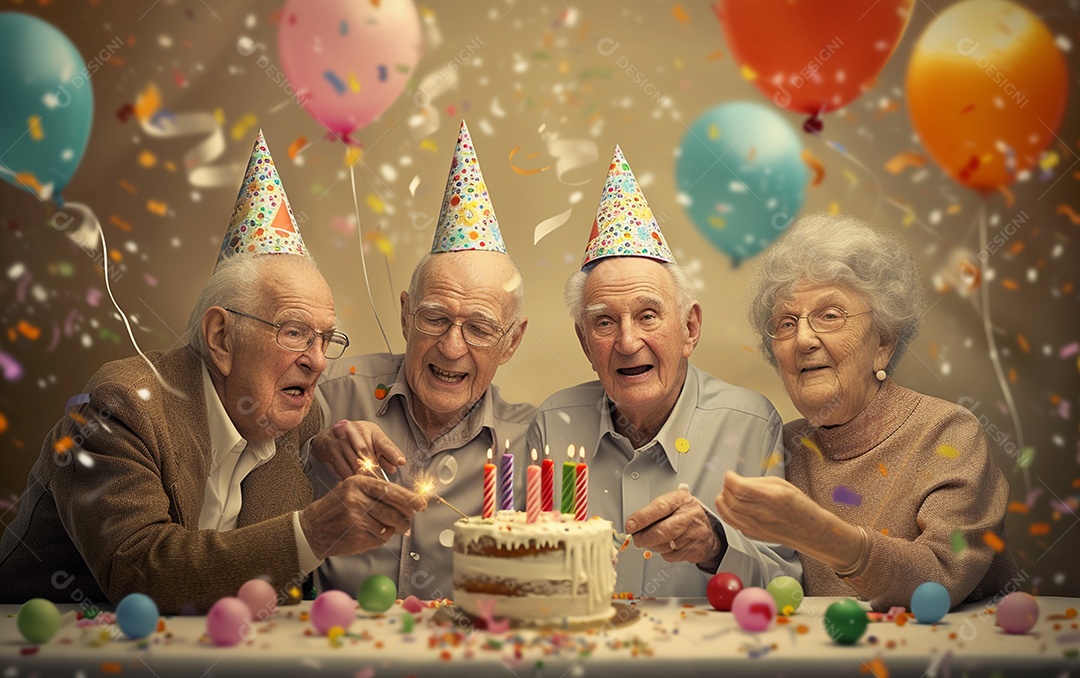 Idosos felizes juntos comemorando aniversário