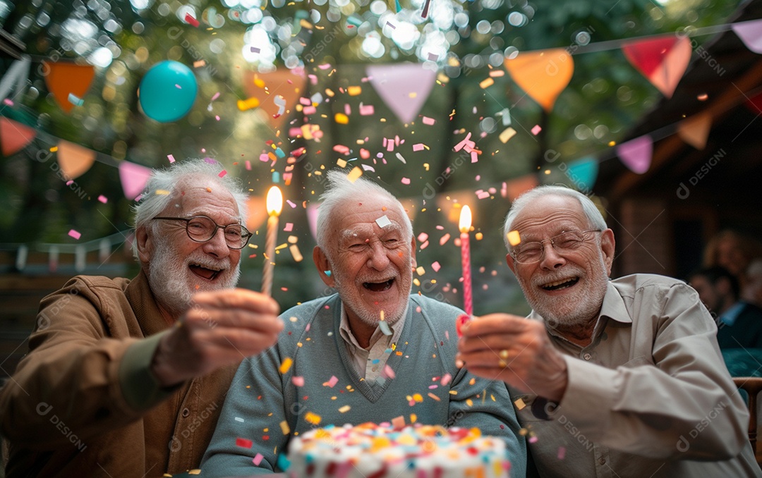 Idosos felizes juntos comemorando aniversário