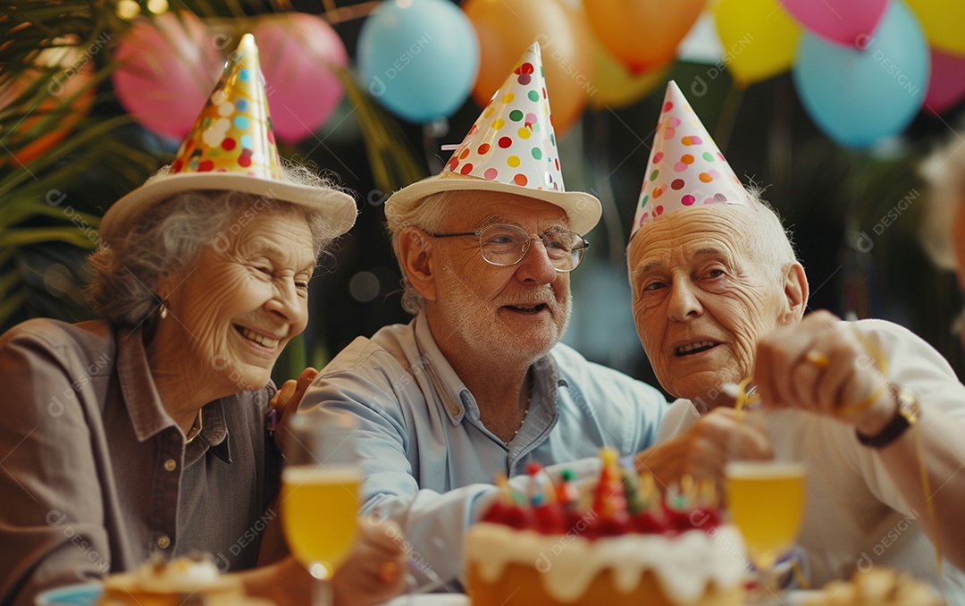 Idosos felizes juntos comemorando aniversário