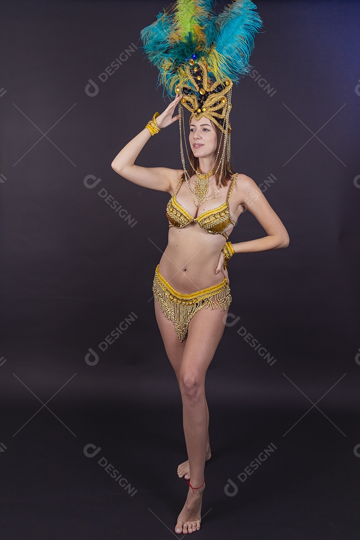 Linda mulher jovem fantasiada celebrando carnaval sobre fundo isolado