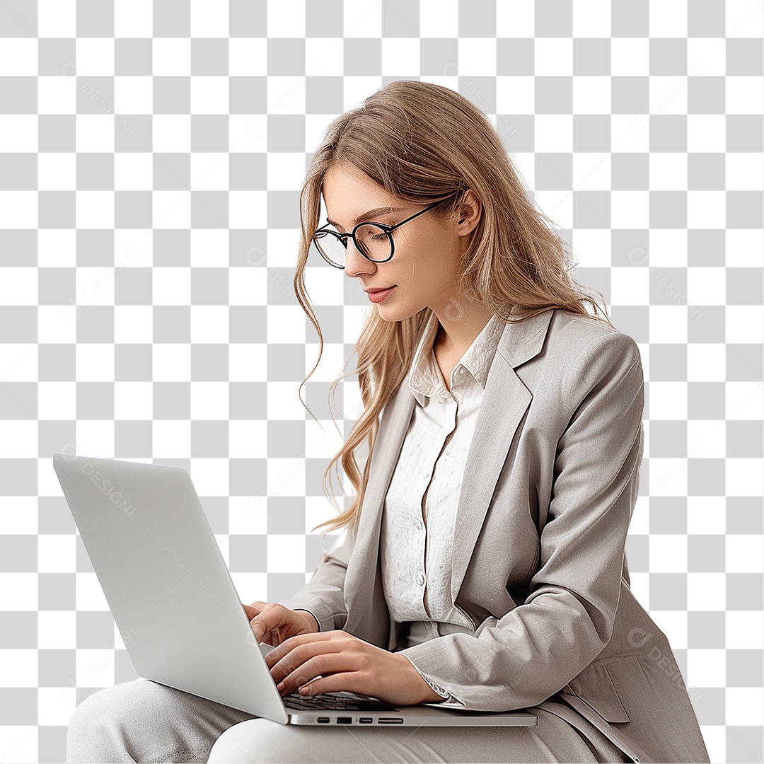 Mulher com Laptop PNG Transparente