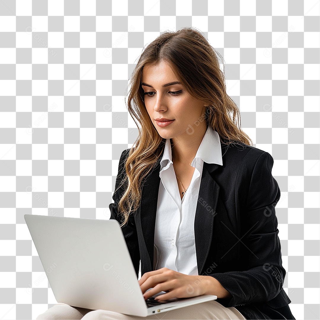 Mulher com Laptop PNG Transparente