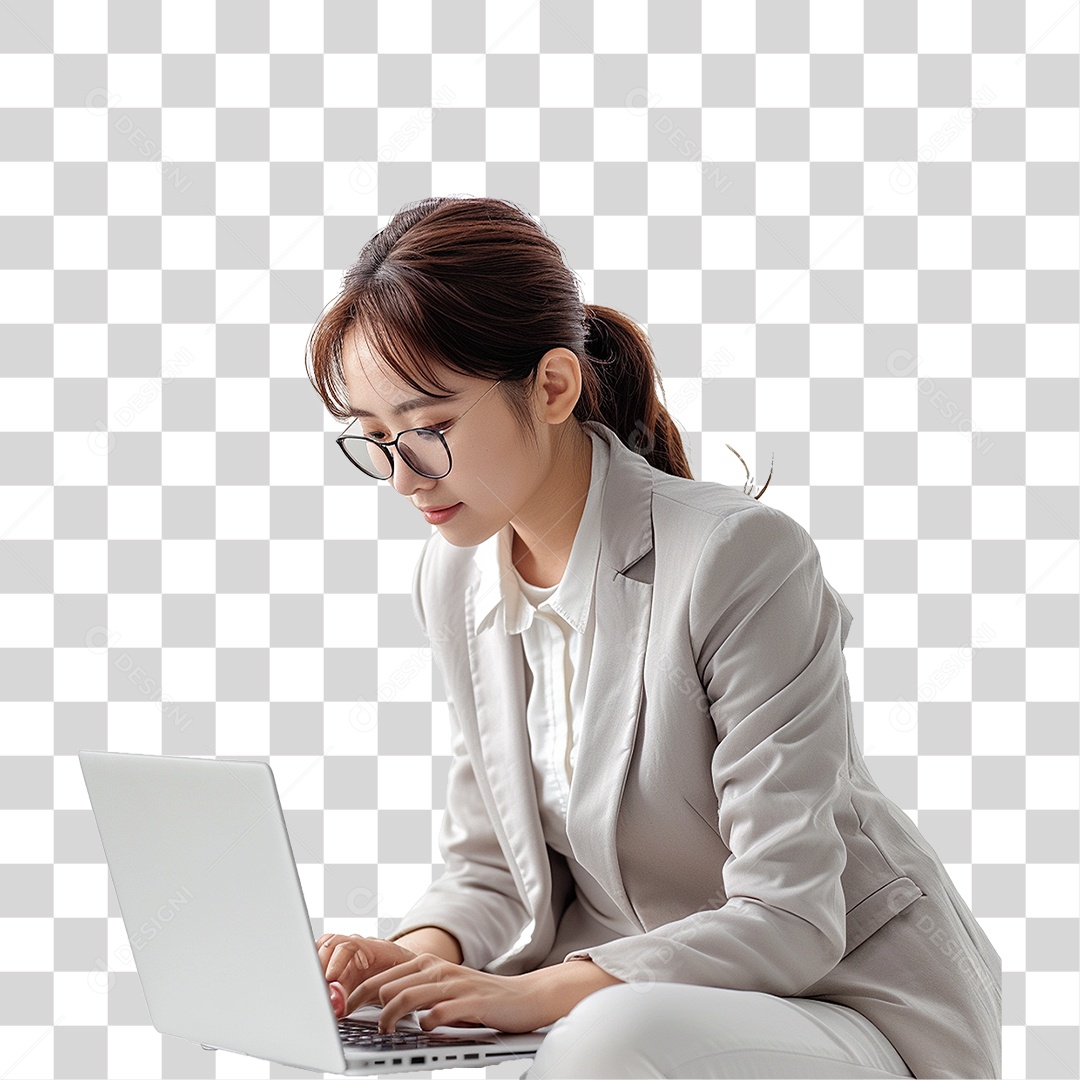 Mulher com Laptop PNG Transparente