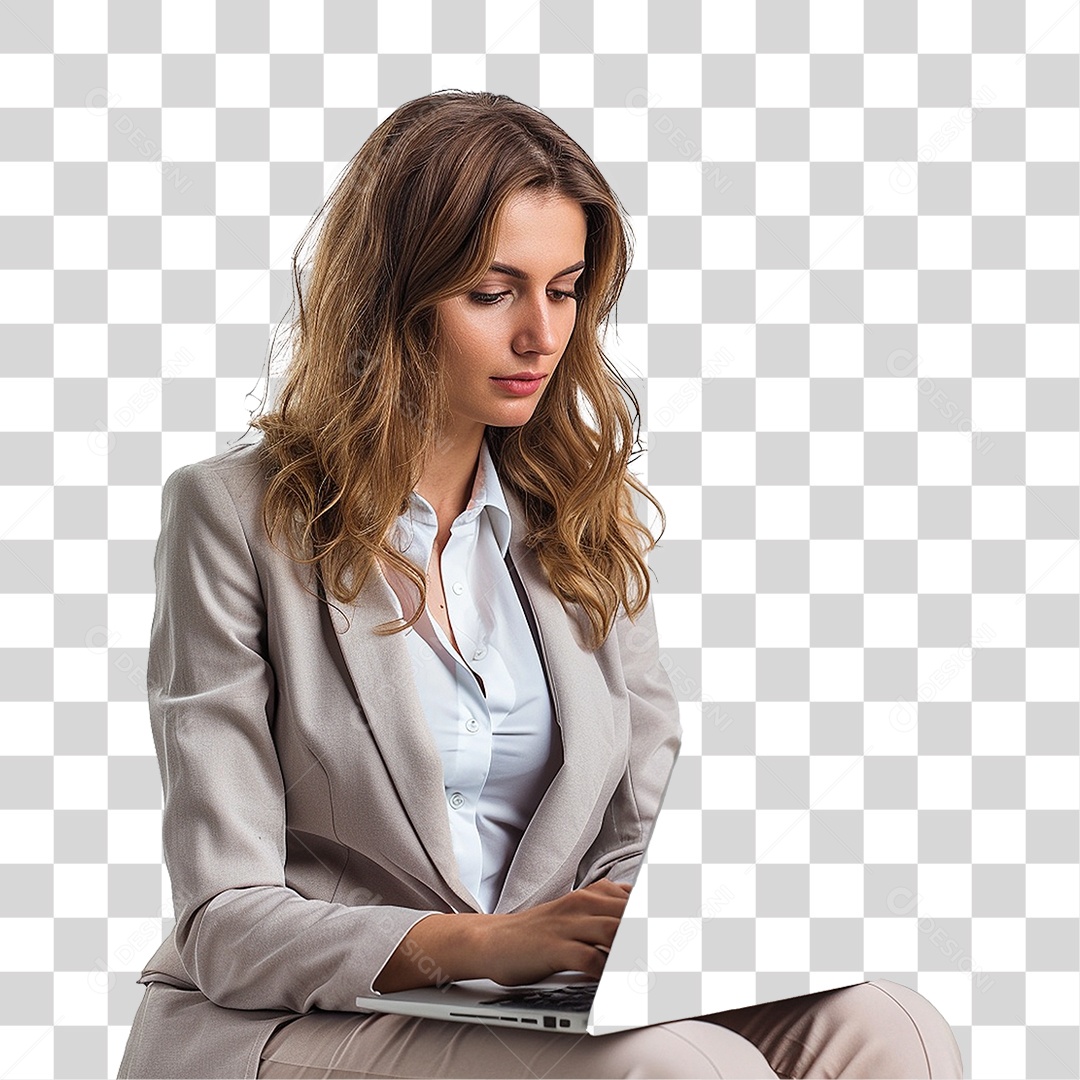 Mulher com Laptop PNG Transparente