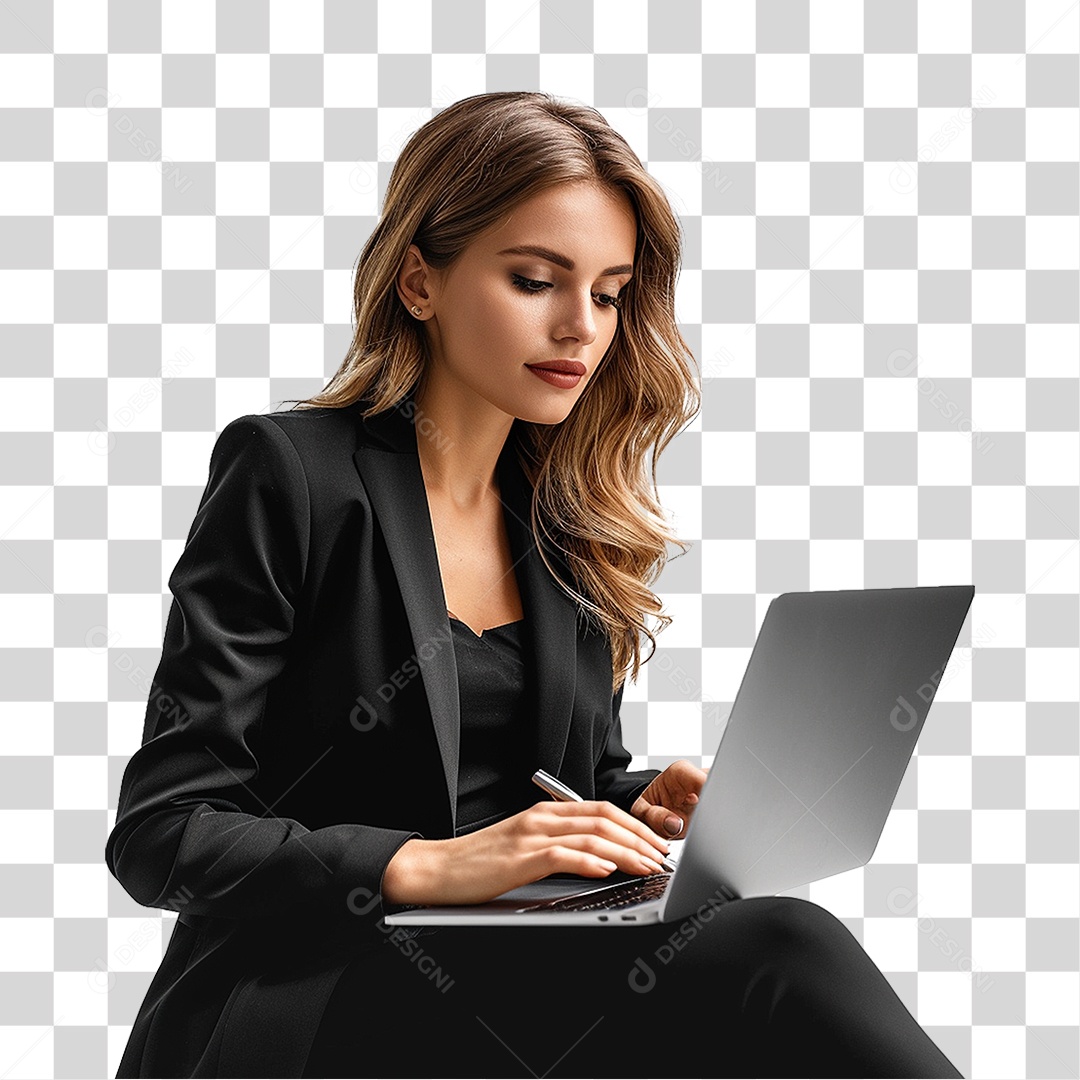 Mulher com Laptop PNG Transparente