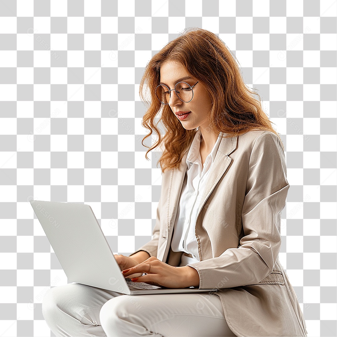 Mulher com Laptop PNG Transparente