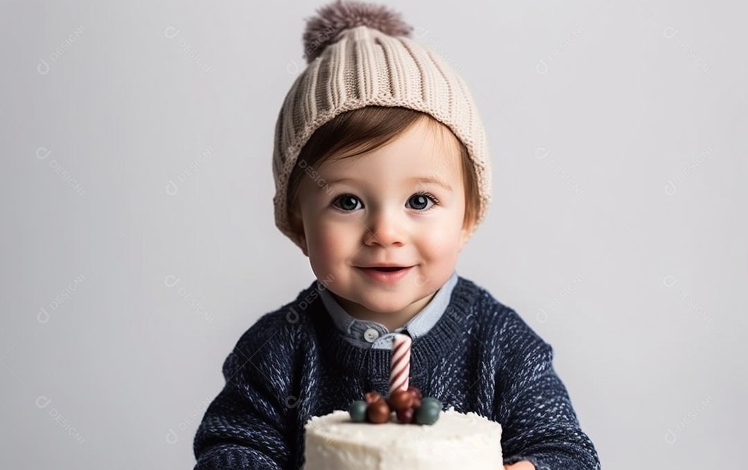 Lindo menino sorridente segurando uma criança de bolo de aniversário