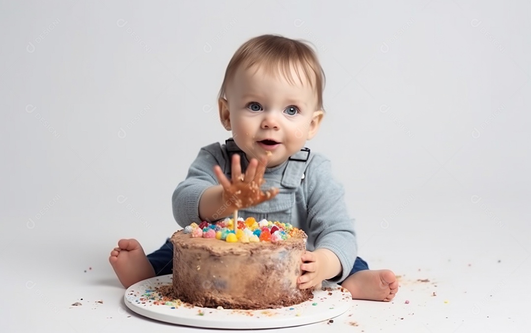 Lindo menino sorridente segurando uma criança de bolo de aniversário
