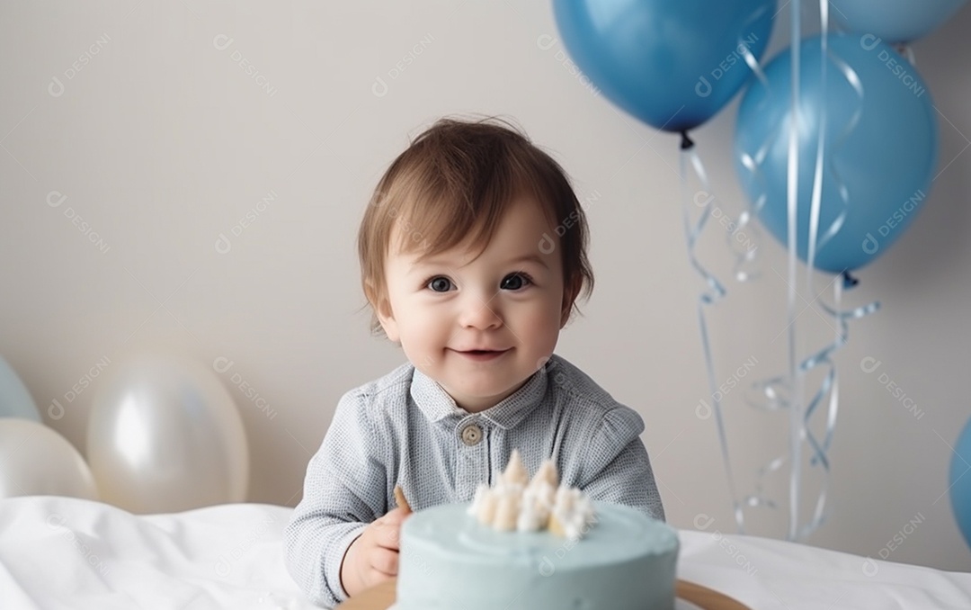 Lindo menino sorridente segurando uma criança de bolo de aniversário