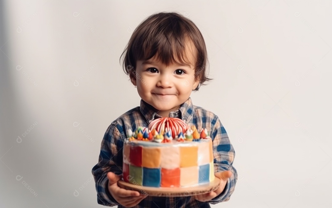 Lindo menino sorridente segurando uma criança de bolo de aniversário