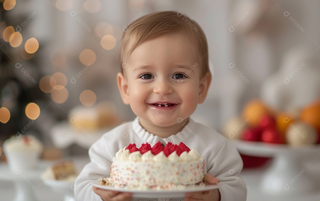 Lindo menino sorridente segurando uma criança de bolo de aniversário