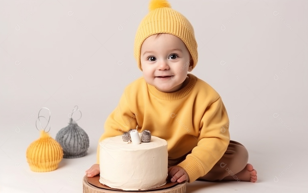 Lindo menino sorridente segurando uma criança de bolo de aniversário