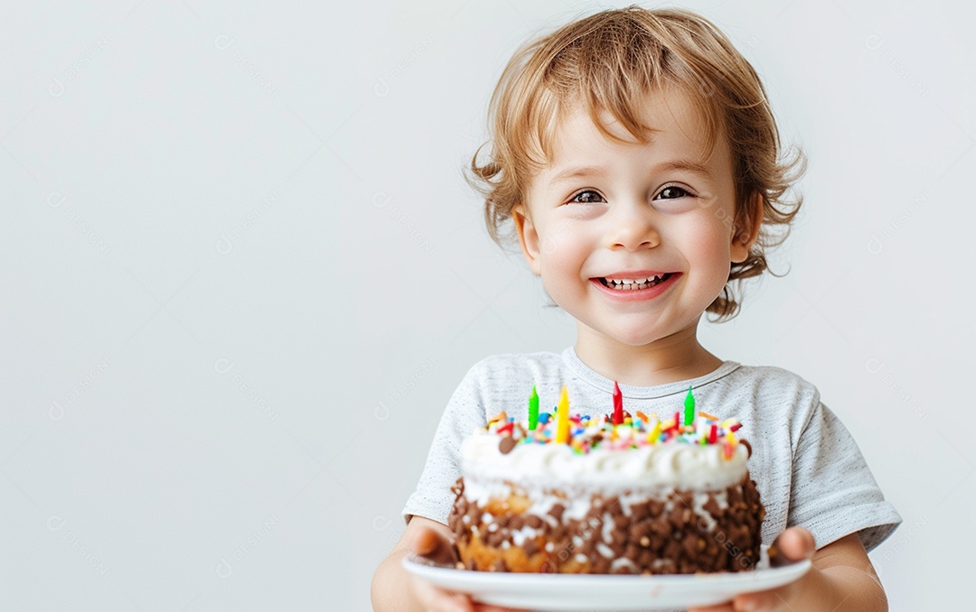 Lindo menino sorridente segurando uma criança de bolo de aniversário