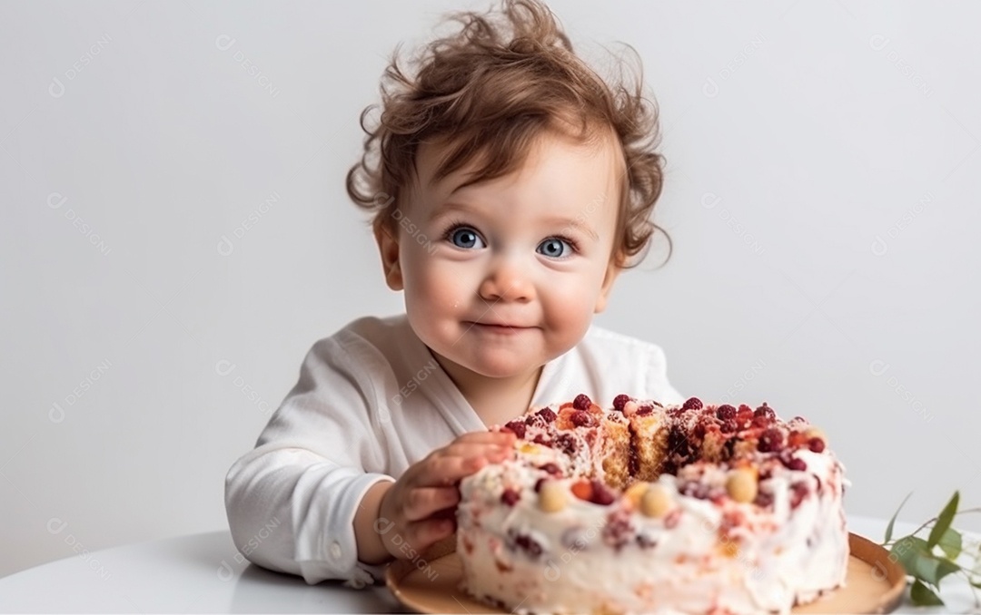 Lindo menino sorridente segurando uma criança de bolo de aniversário