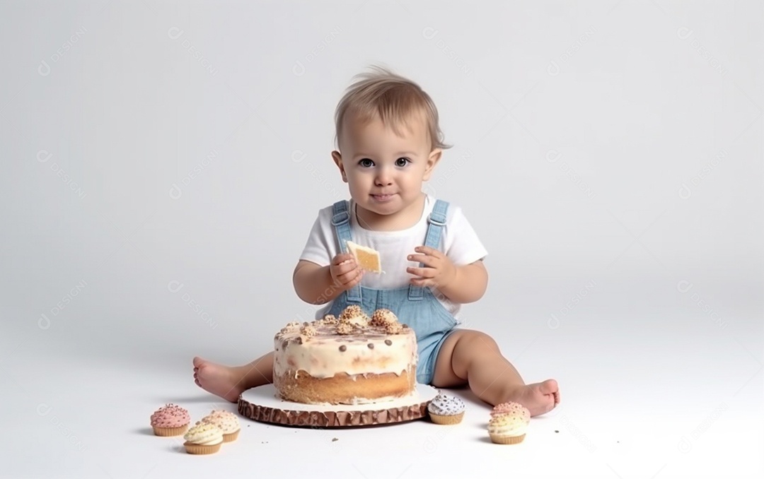 Lindo menino sorridente segurando uma criança de bolo de aniversário