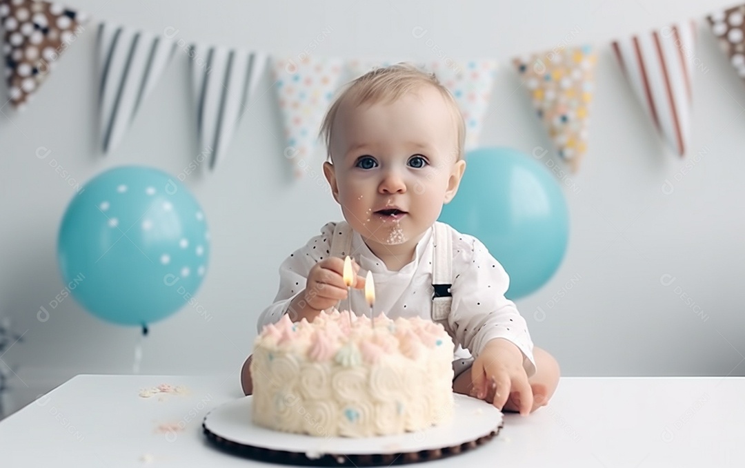Lindo menino sorridente segurando uma criança de bolo de aniversário