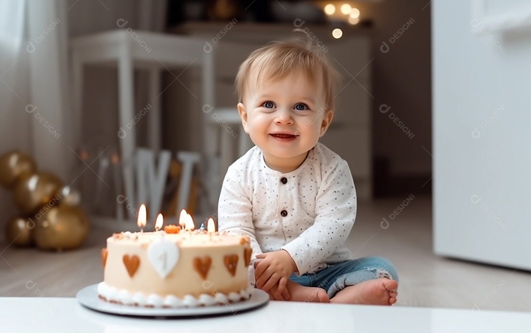Lindo menino sorridente segurando uma criança de bolo de aniversário