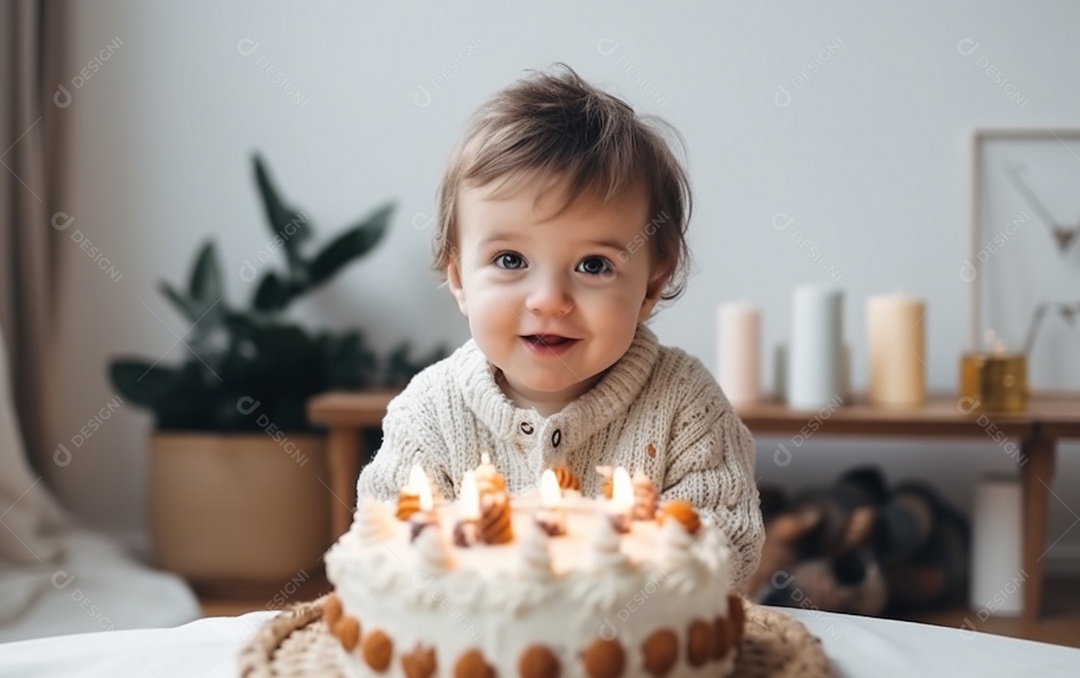 Lindo menino sorridente segurando uma criança de bolo de aniversário